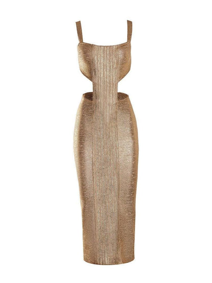 Scoop Neck Wide Strap Side Cutout Metallic Bandage Midi Dress