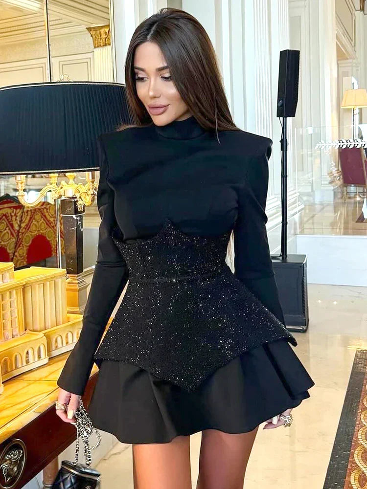 Mock Neck Long Sleeve Rhinestone Pointed Panel Flounce Hem Mini Dress