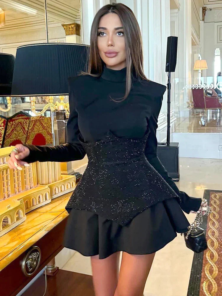 Mock Neck Long Sleeve Rhinestone Pointed Panel Flounce Hem Mini Dress