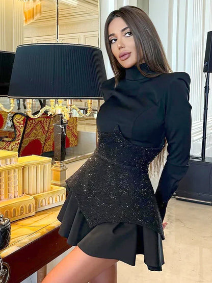 Mock Neck Long Sleeve Rhinestone Pointed Panel Flounce Hem Mini Dress