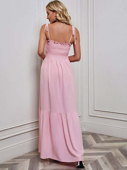 Smocked Bodice Tie Shoulder Tiered Maxi Dress