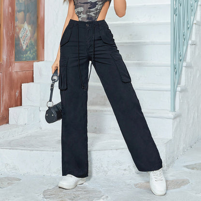 Multiple Pockets Straight Wide Leg Trousers