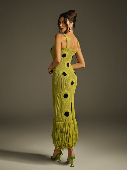 Scoop Neck Polka Dot Crochet Fringe Hem Midi Dress