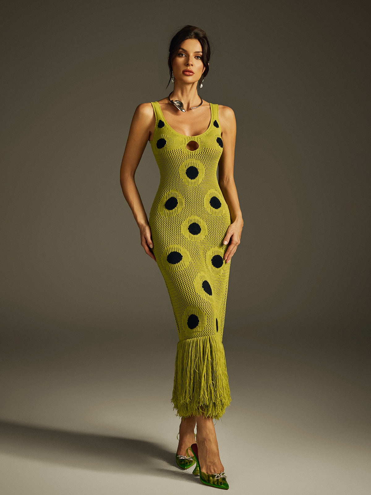 Scoop Neck Polka Dot Crochet Fringe Hem Midi Dress