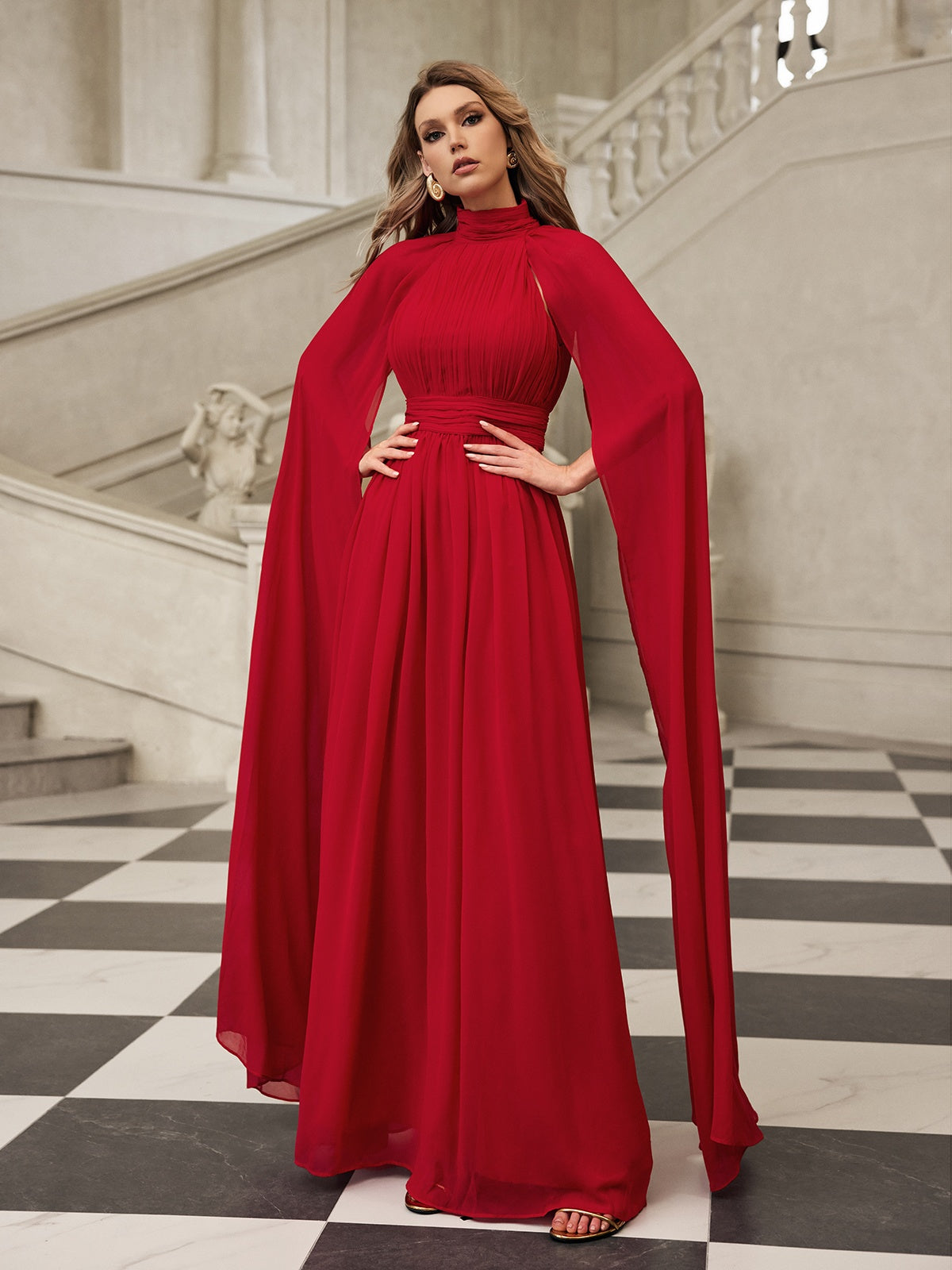 Cape Sleeve Mesh Maxi Dress