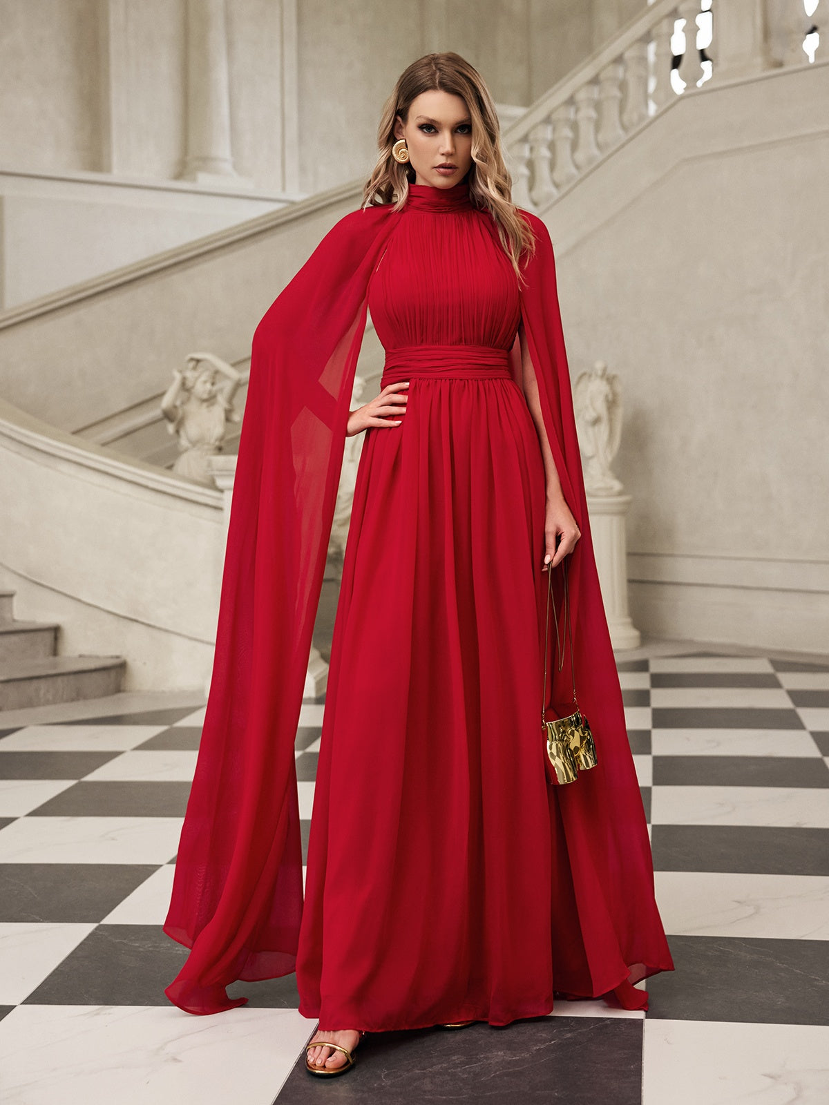 Cape Sleeve Mesh Maxi Dress