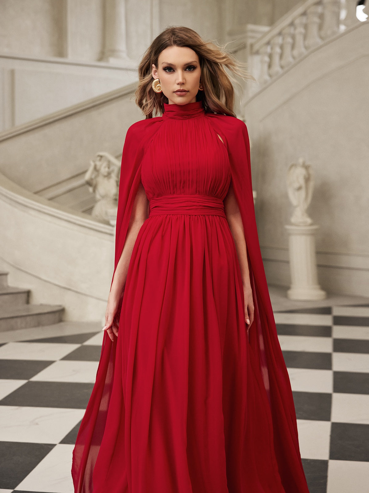 Cape Sleeve Mesh Maxi Dress