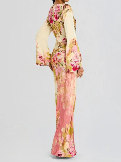 Boat Neck Bell Cuff Long Sleeve Large Floral Print Column Maxi Gown