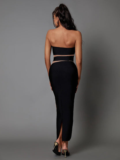 Strapless Bandage Mesh Waist Cutout Illusion Midi Dress