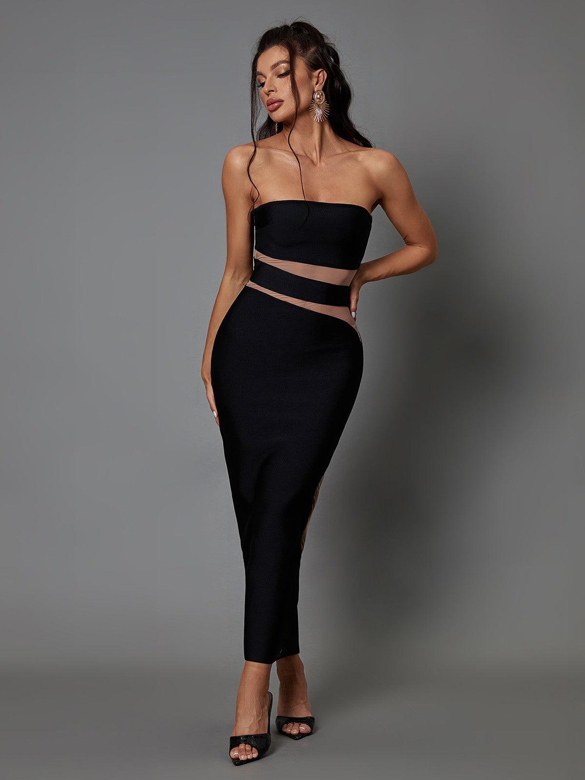 Strapless Bandage Mesh Waist Cutout Illusion Midi Dress