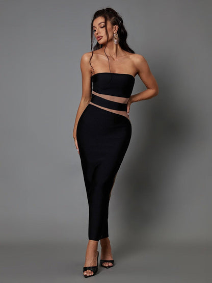 Strapless Bandage Mesh Waist Cutout Illusion Midi Dress