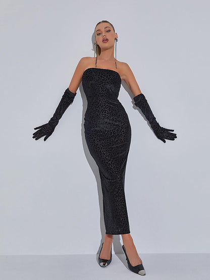 Strapless Tube Neck Flocked Spotted Print Bodycon Maxi Dress With Gloves