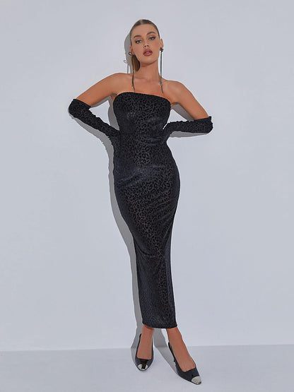 Strapless Tube Neck Flocked Spotted Print Bodycon Maxi Dress With Gloves