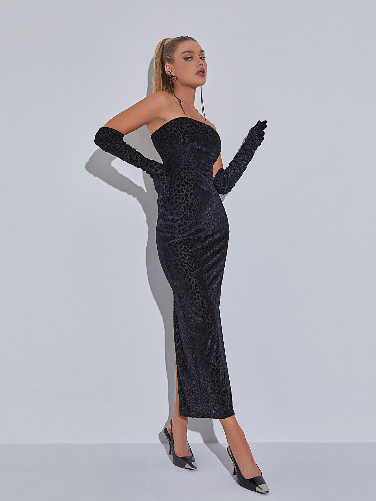 Strapless Tube Neck Flocked Spotted Print Bodycon Maxi Dress With Gloves
