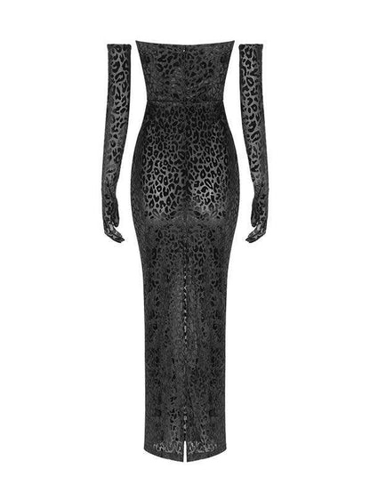 Strapless Tube Neck Flocked Spotted Print Bodycon Maxi Dress With Gloves