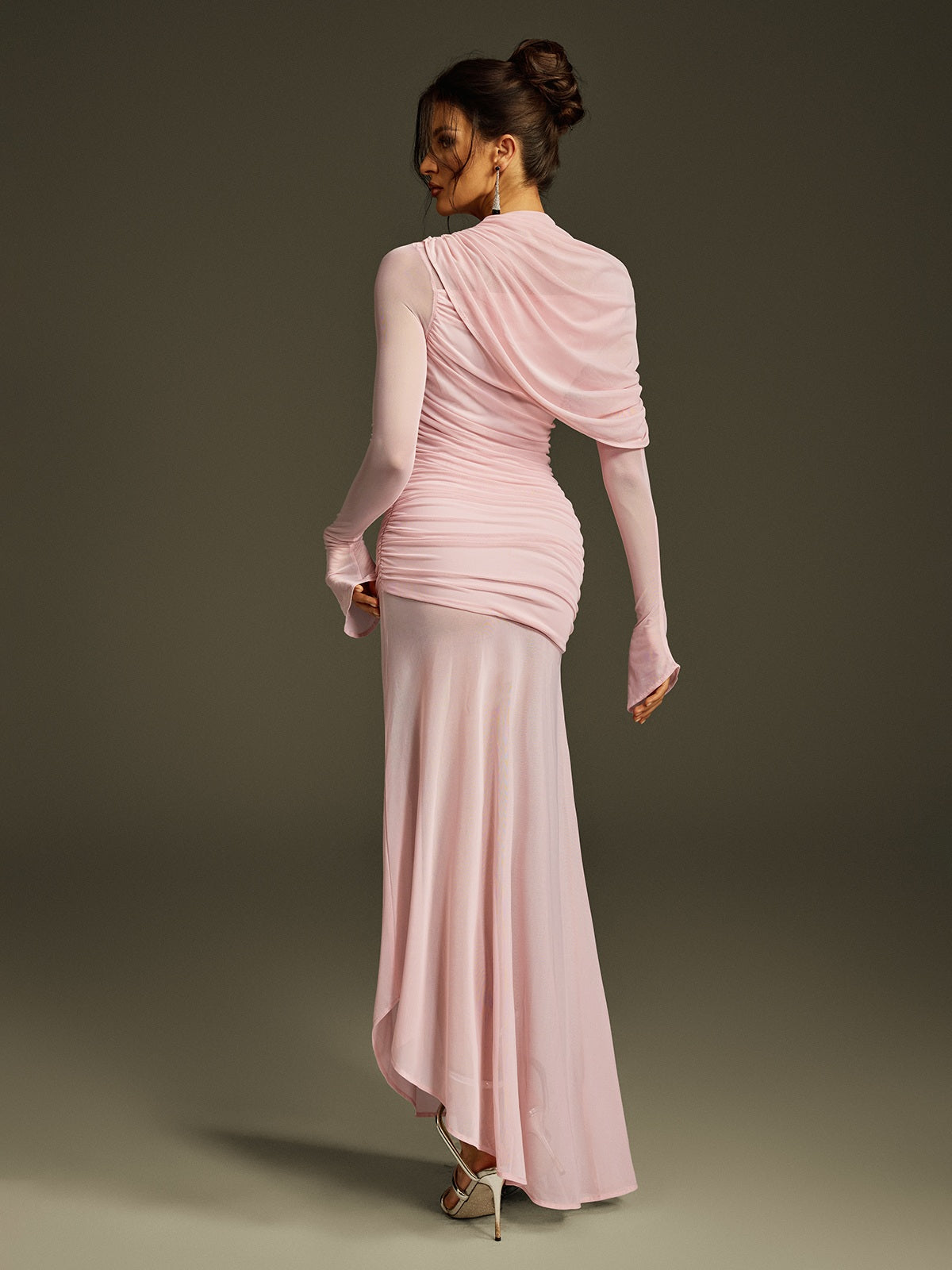 Asymmetric Draped Neck Ruched Mesh Bell Sleeve Sheer Maxi Dress