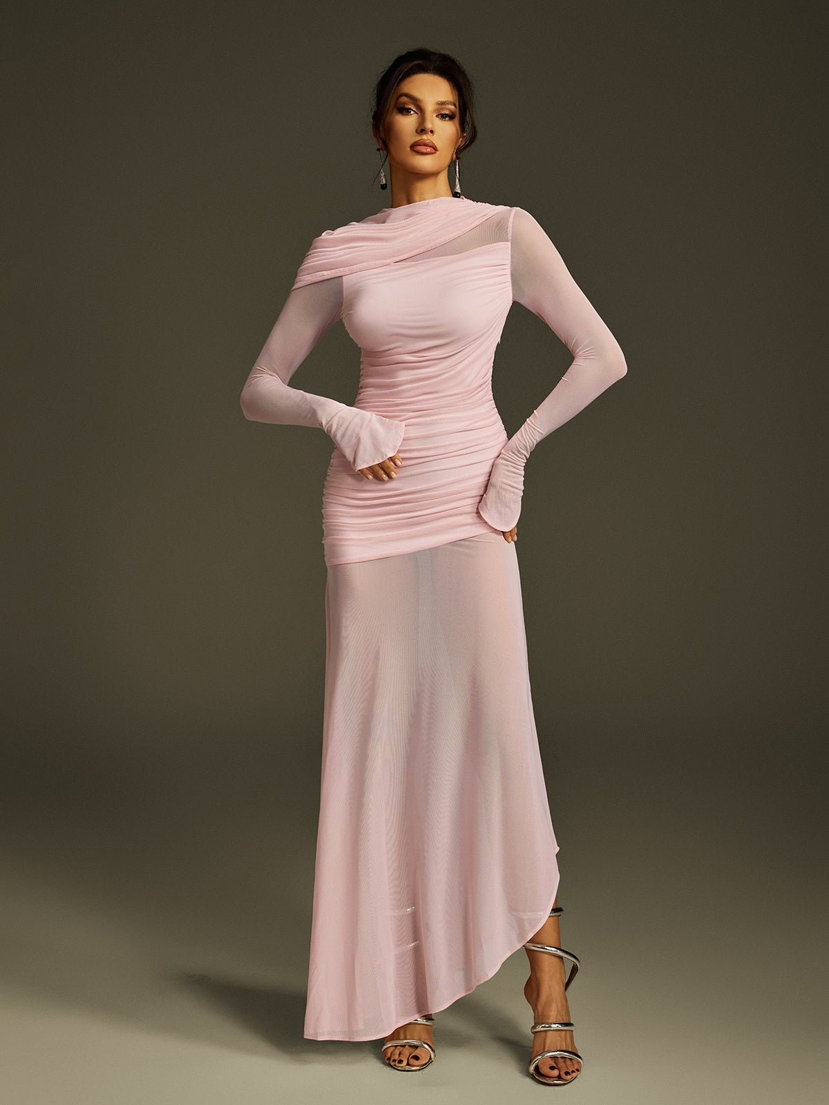 Asymmetric Draped Neck Ruched Mesh Bell Sleeve Sheer Maxi Dress