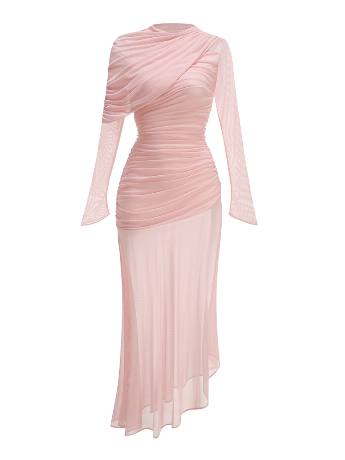 Asymmetric Draped Neck Ruched Mesh Bell Sleeve Sheer Maxi Dress
