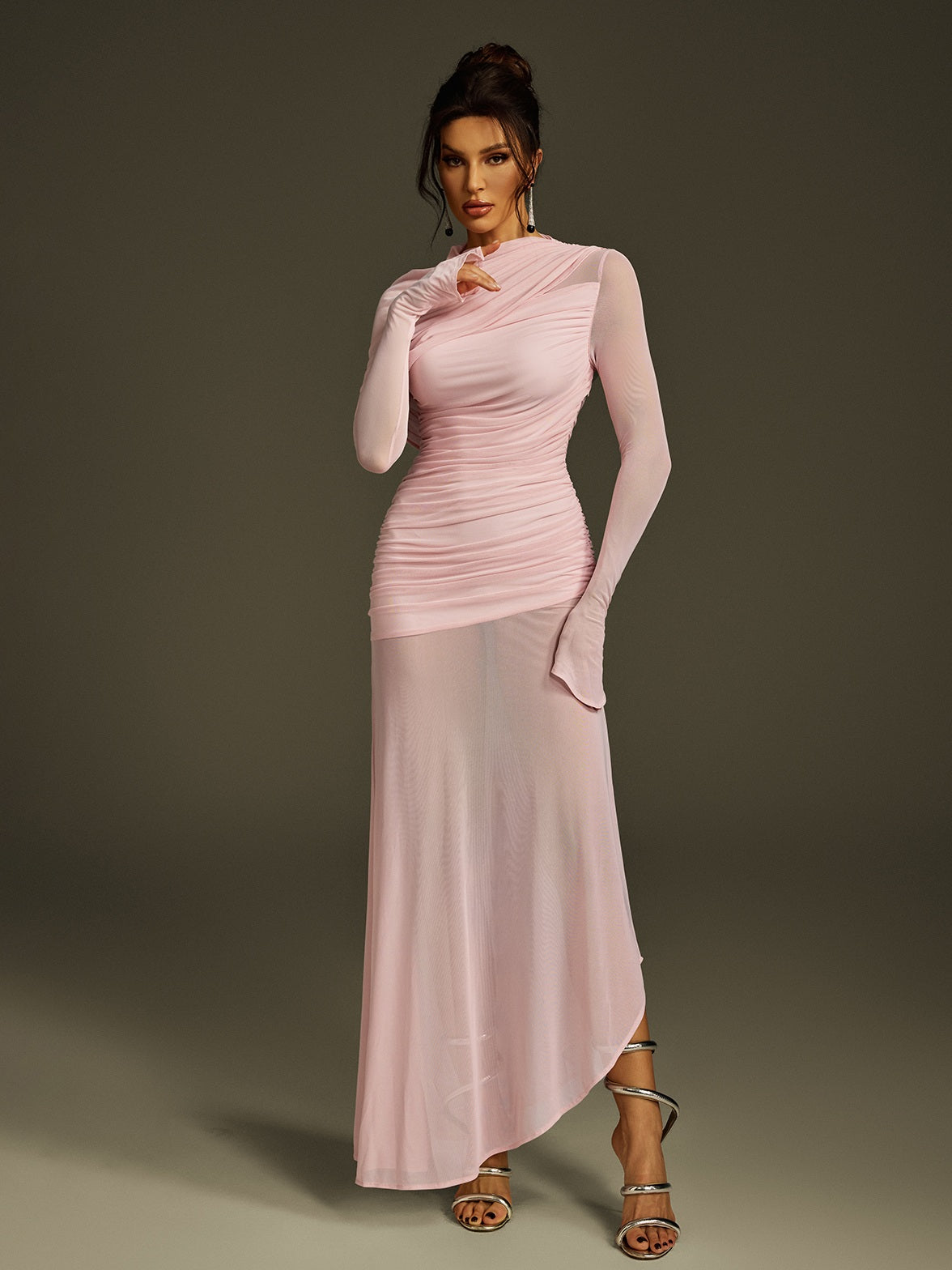 Asymmetric Draped Neck Ruched Mesh Bell Sleeve Sheer Maxi Dress