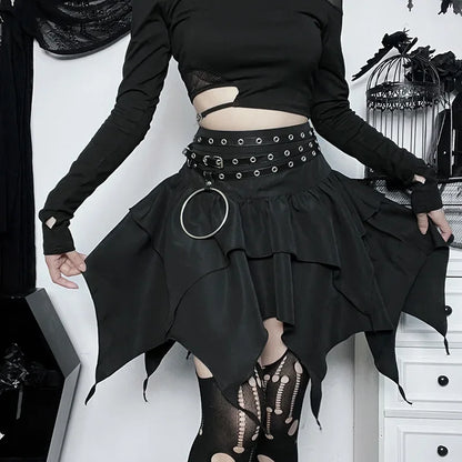 Irregular Solid Color Drawstring Tie-Up Ruched Ruffles Mini Skirt