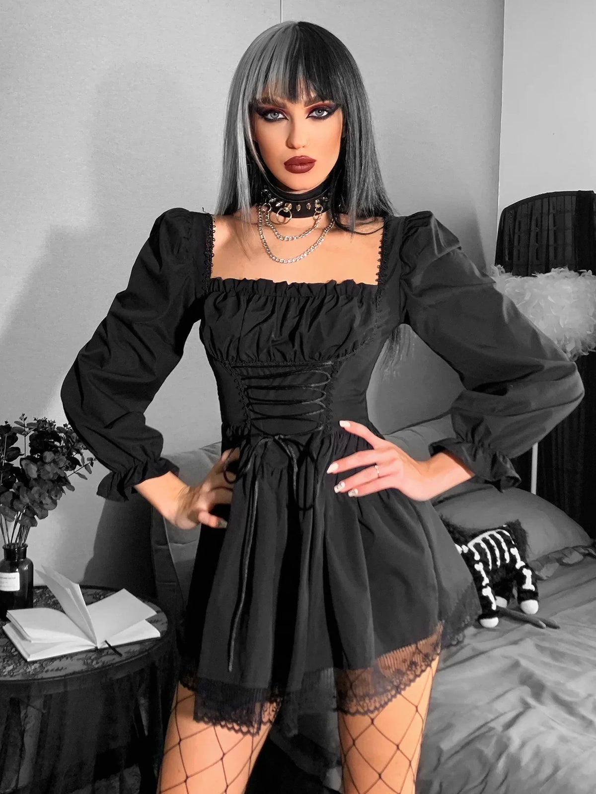 Long Sleeve Lolita Black Puff Sleeve High Waist Vintage Bandage Lace Trim Party Dress