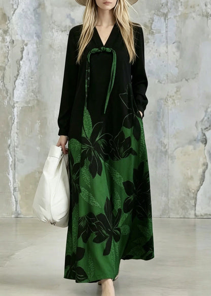 Tie Neck Long Sleeve Floral Border Print Gradient Shift Maxi Dress with Pockets