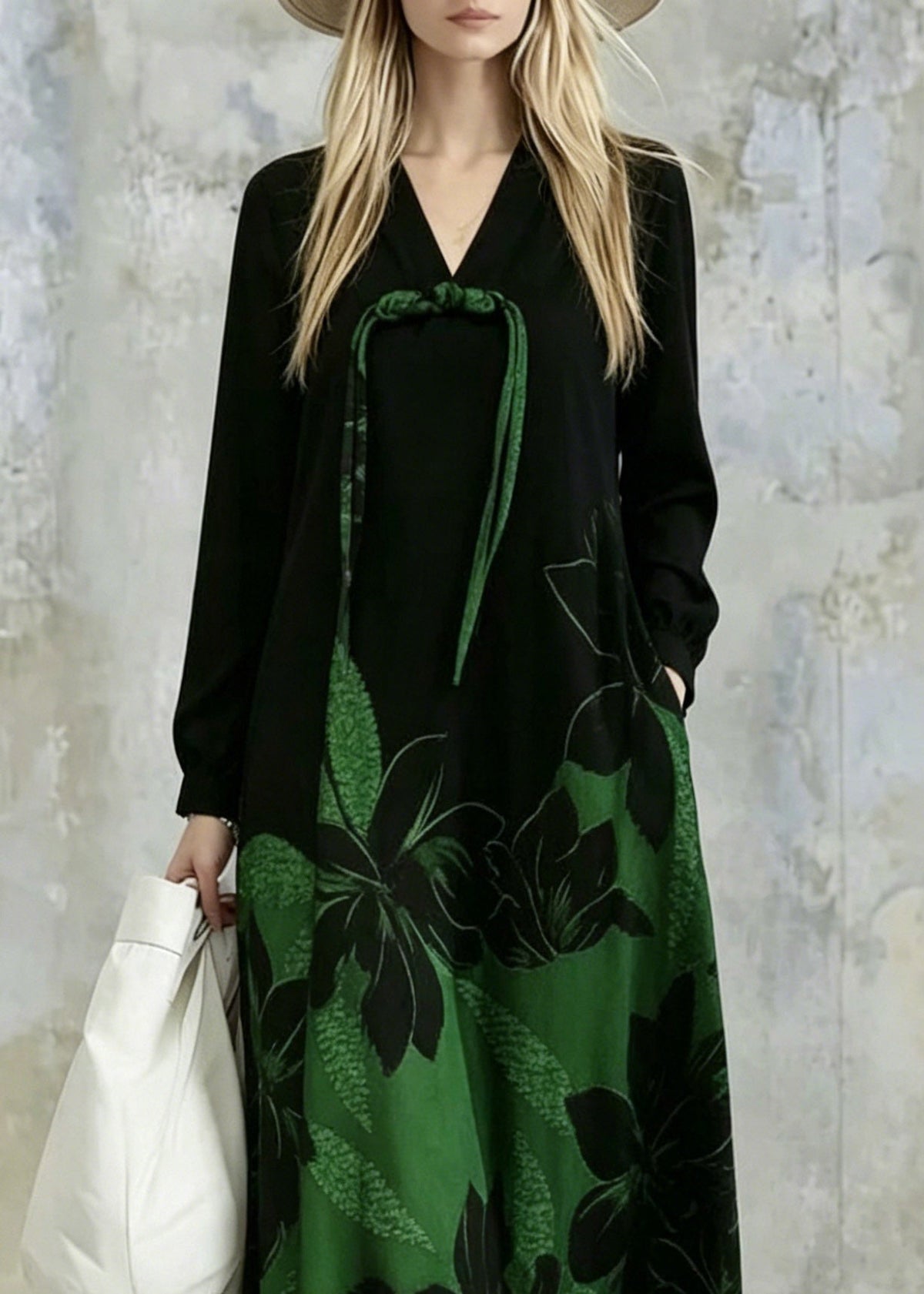 Tie Neck Long Sleeve Floral Border Print Gradient Shift Maxi Dress with Pockets