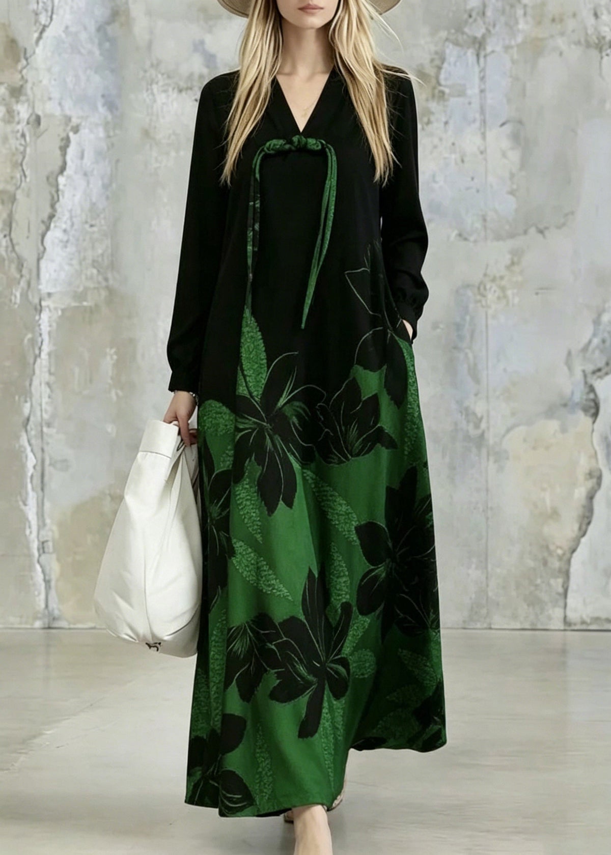 Tie Neck Long Sleeve Floral Border Print Gradient Shift Maxi Dress with Pockets