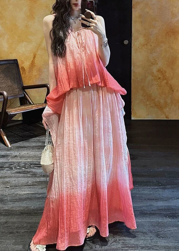 Drawstring Neck Crinkle Gauze Tiered Top and Gradient Hem Maxi Skirt Set
