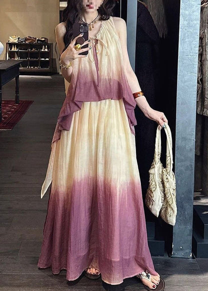 Drawstring Neck Crinkle Gauze Tiered Top and Gradient Hem Maxi Skirt Set