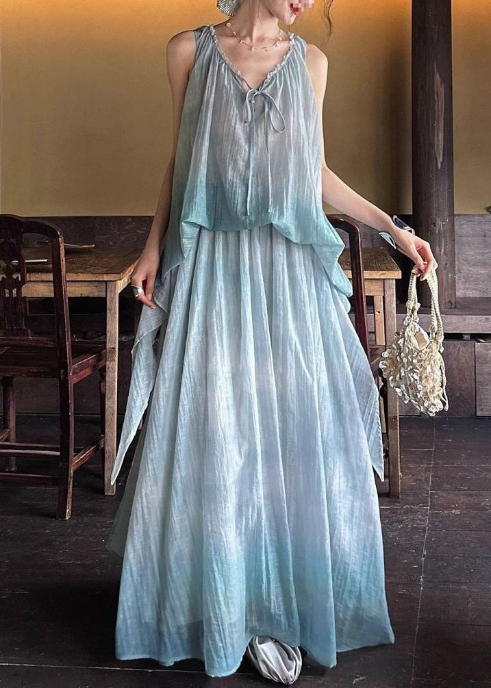 Drawstring Neck Crinkle Gauze Tiered Top and Gradient Hem Maxi Skirt Set