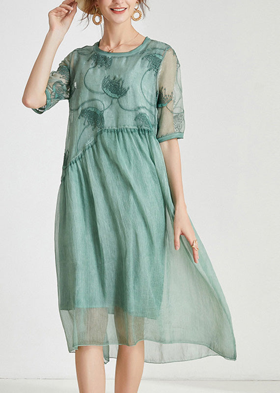 Crew Neck Embroidered Sheer Panel Asymmetric Waist Midi Dress