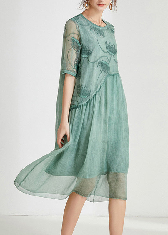 Crew Neck Embroidered Sheer Panel Asymmetric Waist Midi Dress