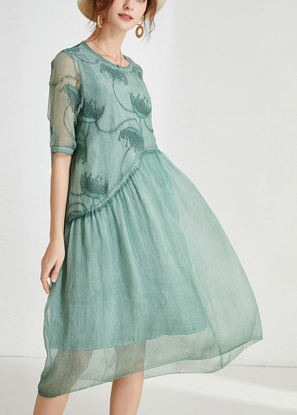 Crew Neck Embroidered Sheer Panel Asymmetric Waist Midi Dress