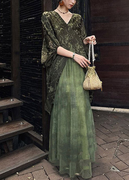 V-Neck Button Kimono Sleeve Paisley Mesh Overlay Maxi Dress