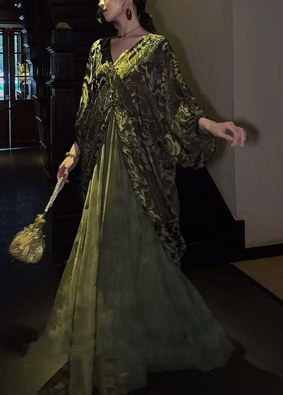 V-Neck Button Kimono Sleeve Paisley Mesh Overlay Maxi Dress