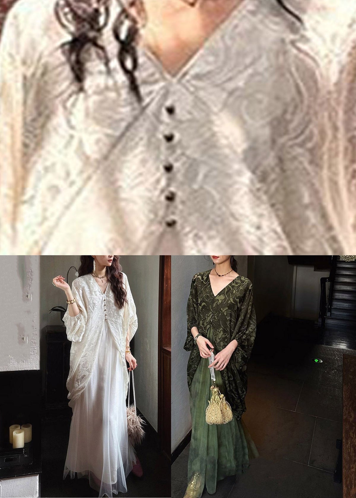 V-Neck Button Kimono Sleeve Paisley Mesh Overlay Maxi Dress