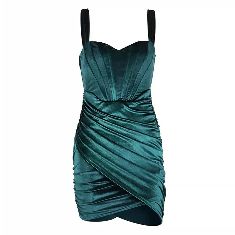 Green Velvet Corsets Party Mini Dress Elegant Spaghetti Strap Bodycon Party Dress