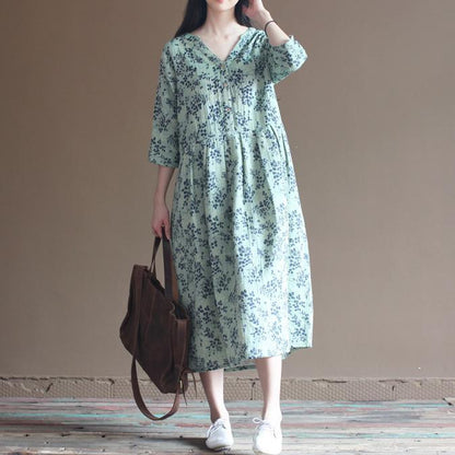 V-Neck Button Placket Floral Print Three Quarter Sleeve Maxi Dress
