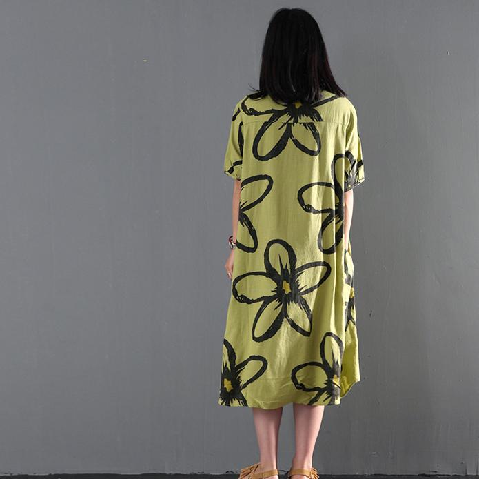 Mandarin Collar Button Front Asymmetrical Hem Floral Linen Dress