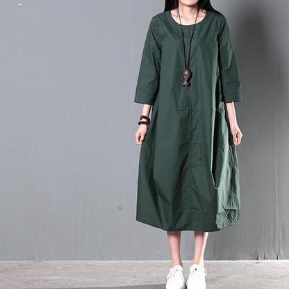 Round Neck Three Quarter Sleeve Center Seam Oversized Cotton Linen Midi Dress