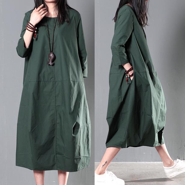 Round Neck Three Quarter Sleeve Center Seam Oversized Cotton Linen Midi Dress