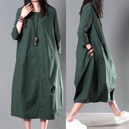 Round Neck Three Quarter Sleeve Center Seam Oversized Cotton Linen Midi Dress