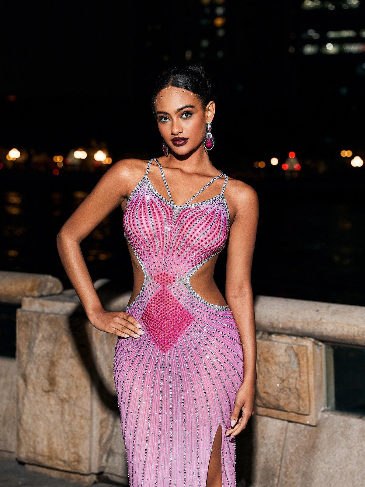 Sweetheart Rhinestone Strap Waist Cutout Mermaid Maxi Gown with Train