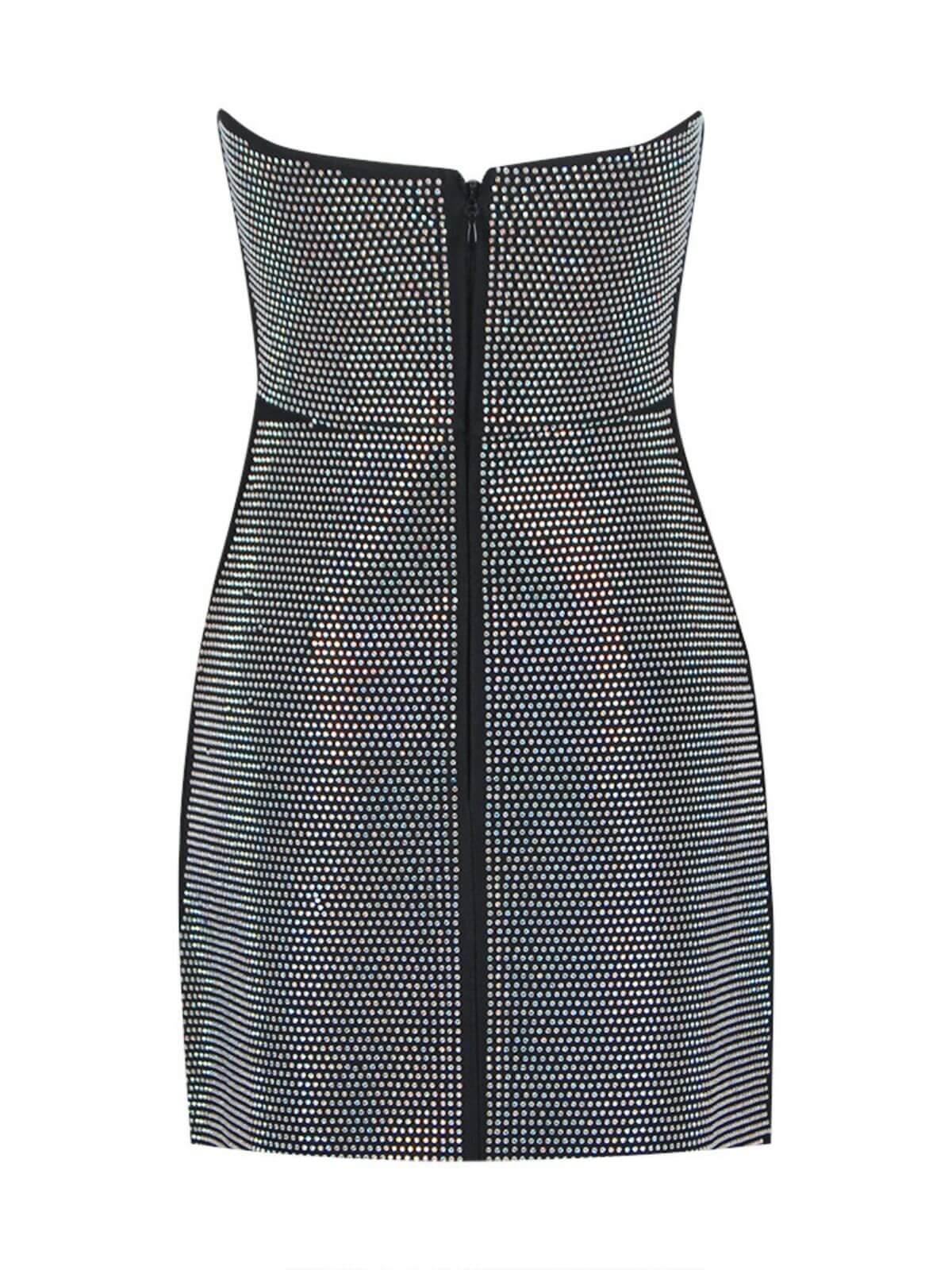 Strapless Diagonal Mesh Panel Rhinestone Bandage Mini Dress