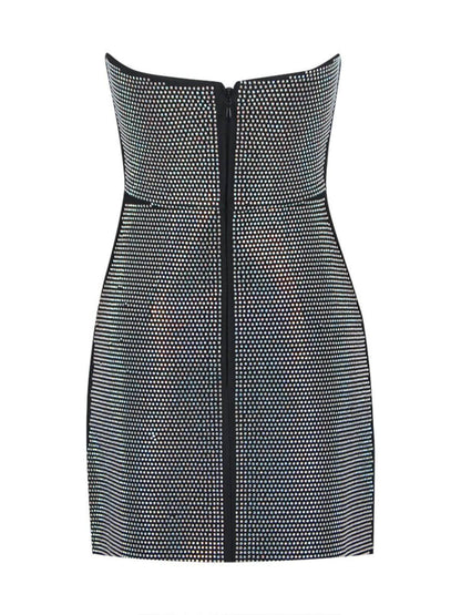 Strapless Diagonal Mesh Panel Rhinestone Bandage Mini Dress