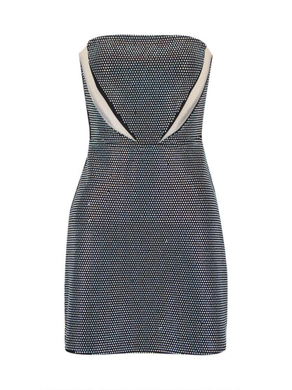 Strapless Diagonal Mesh Panel Rhinestone Bandage Mini Dress