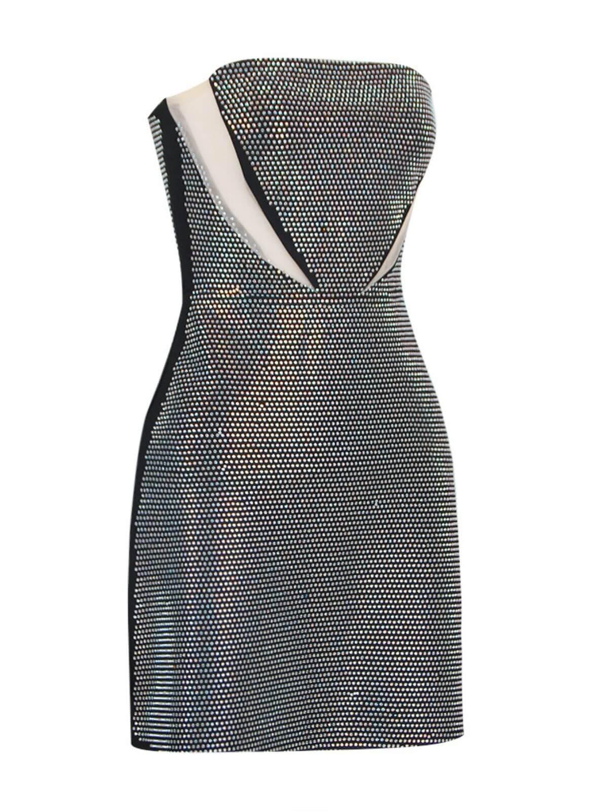 Strapless Diagonal Mesh Panel Rhinestone Bandage Mini Dress