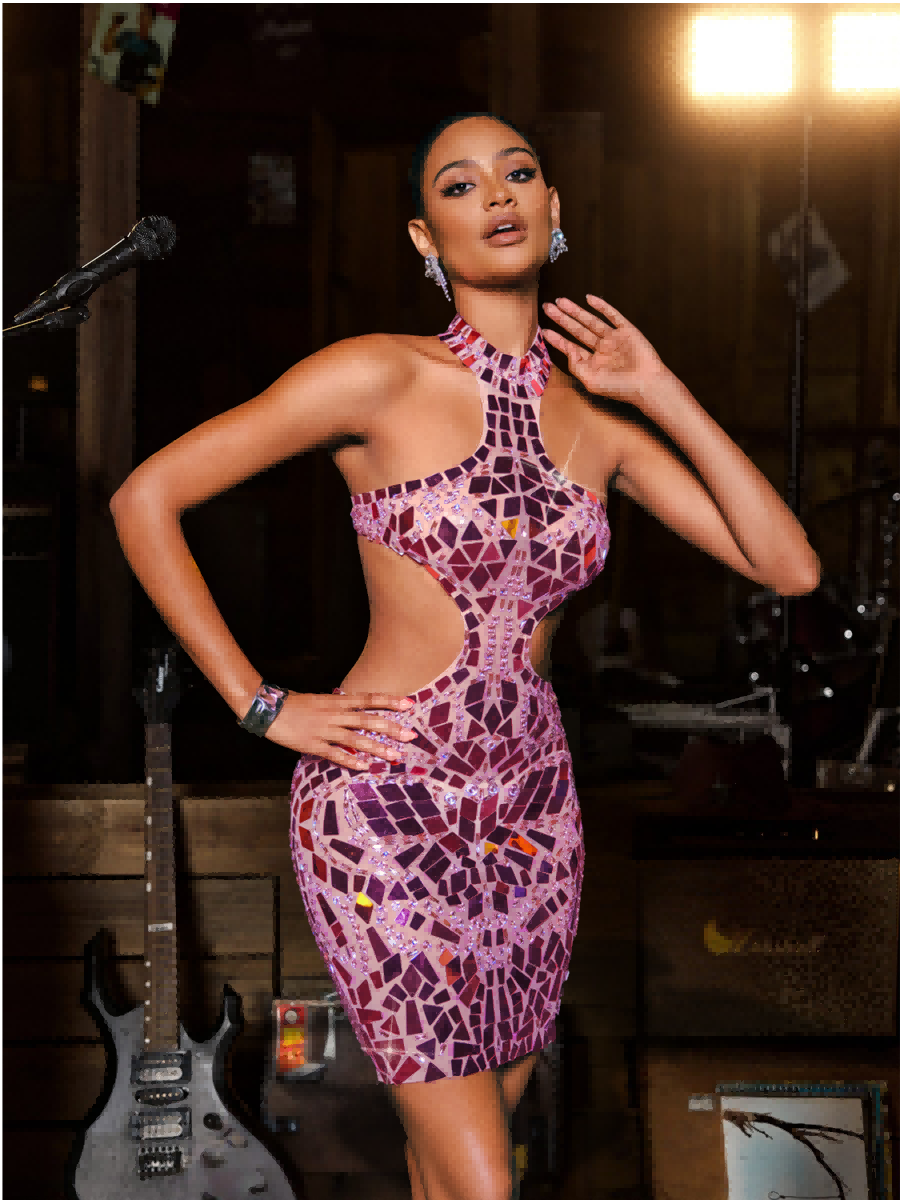 Halter Geometric Shard Mosaic Waist Cutout Bodycon Mini Dress