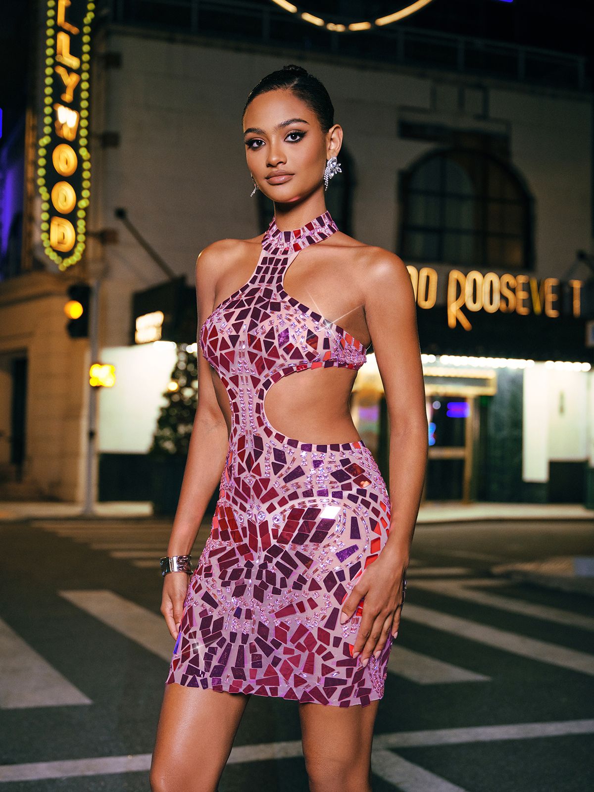 Halter Geometric Shard Mosaic Waist Cutout Bodycon Mini Dress